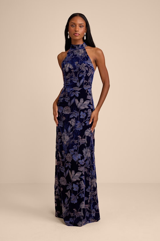 Amberline Navy Velvet Burnout Halter Maxi Dress 1