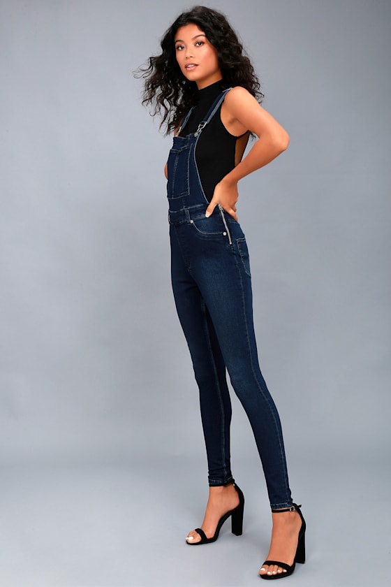 Dungaree Spray Dark Wash Skinny Denim Overalls 2