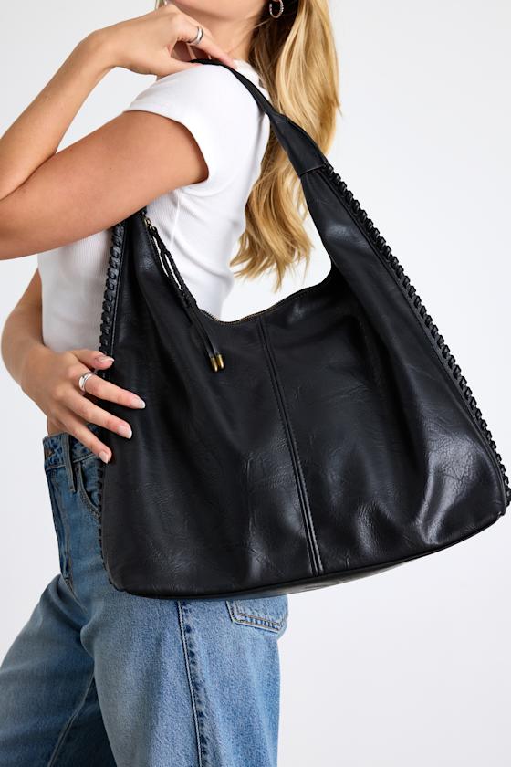 Khina Black Vegan Leather Whipstitched Tote Bag 1