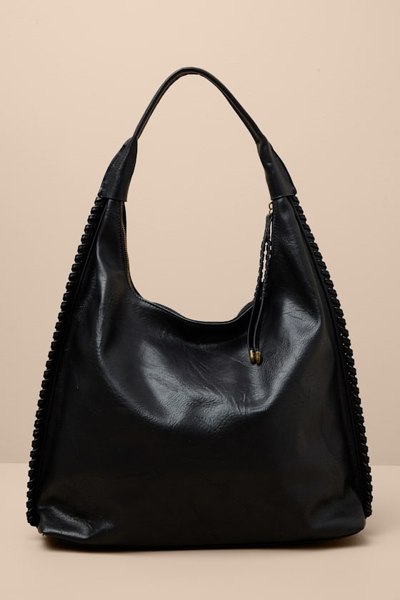 Khina Black Vegan Leather Whipstitched Tote Bag 1