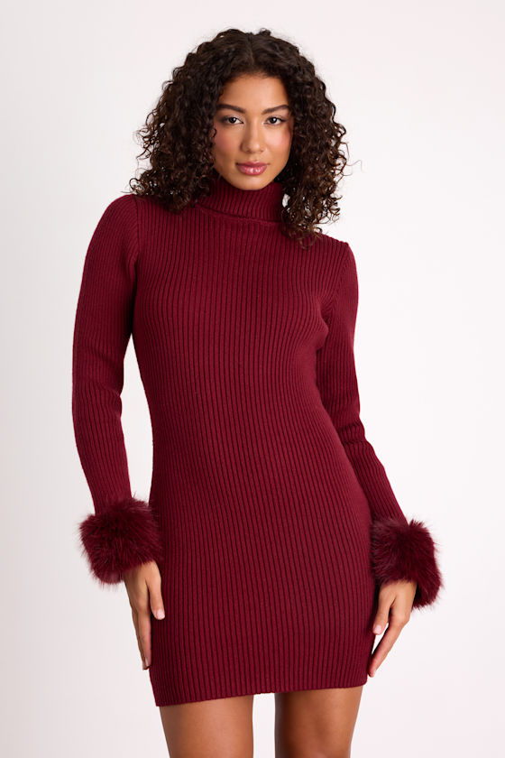 Image of Labelle Wine Red Ribbed Faux Fur Sweater Mini Dress
