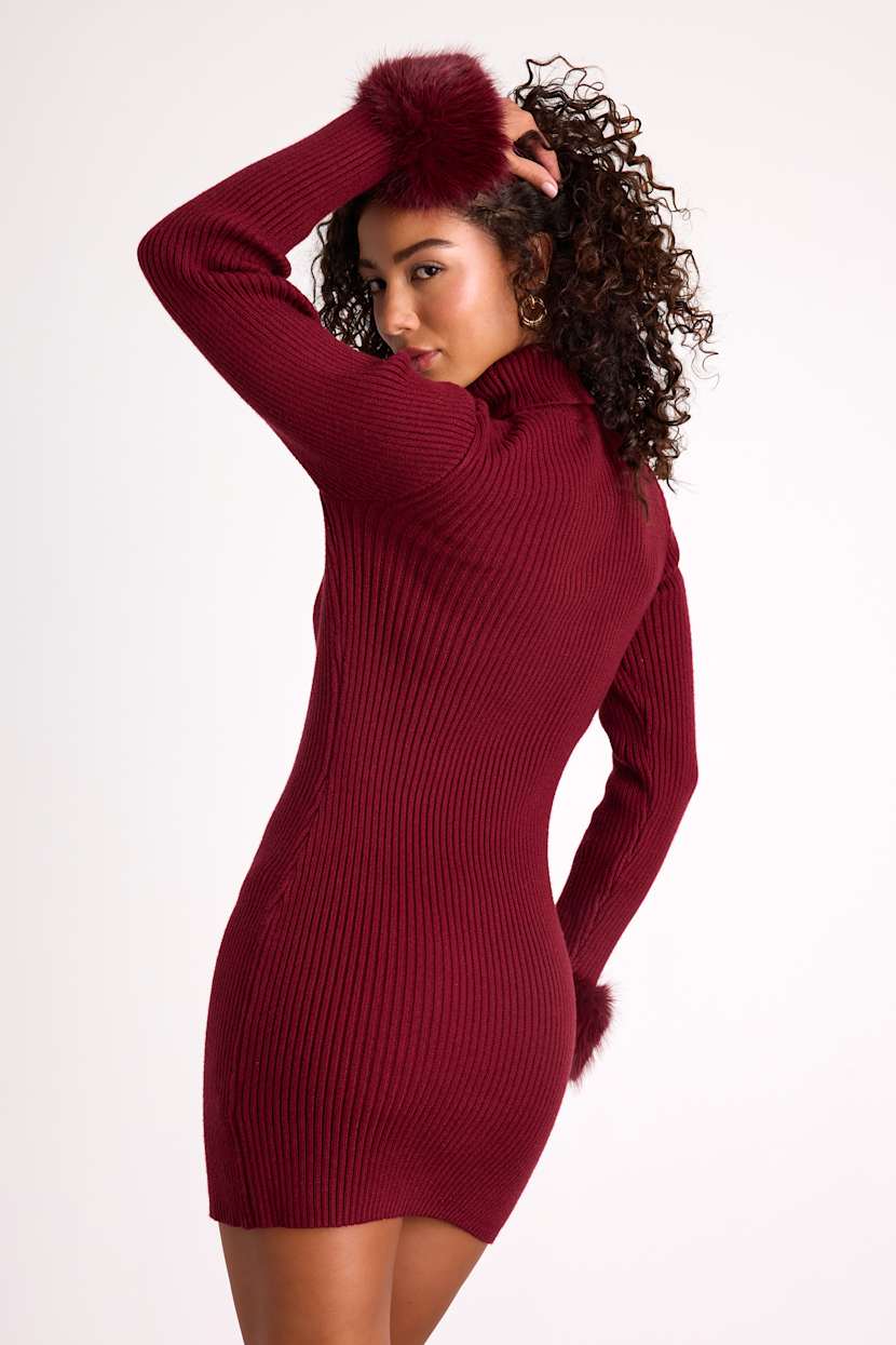 red ribbed mini dress Lulus | Wine Red Ribbed Faux Fur Sweater Mini Dress | Womens | X-Small (Available in S, M, L, XL)