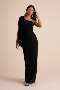 Amarila Black One-Shoulder Velvet Bow Maxi Dress 1