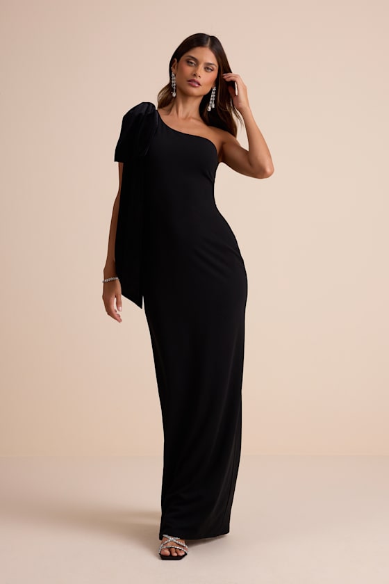 Amarila Black One-Shoulder Velvet Bow Maxi Dress 1