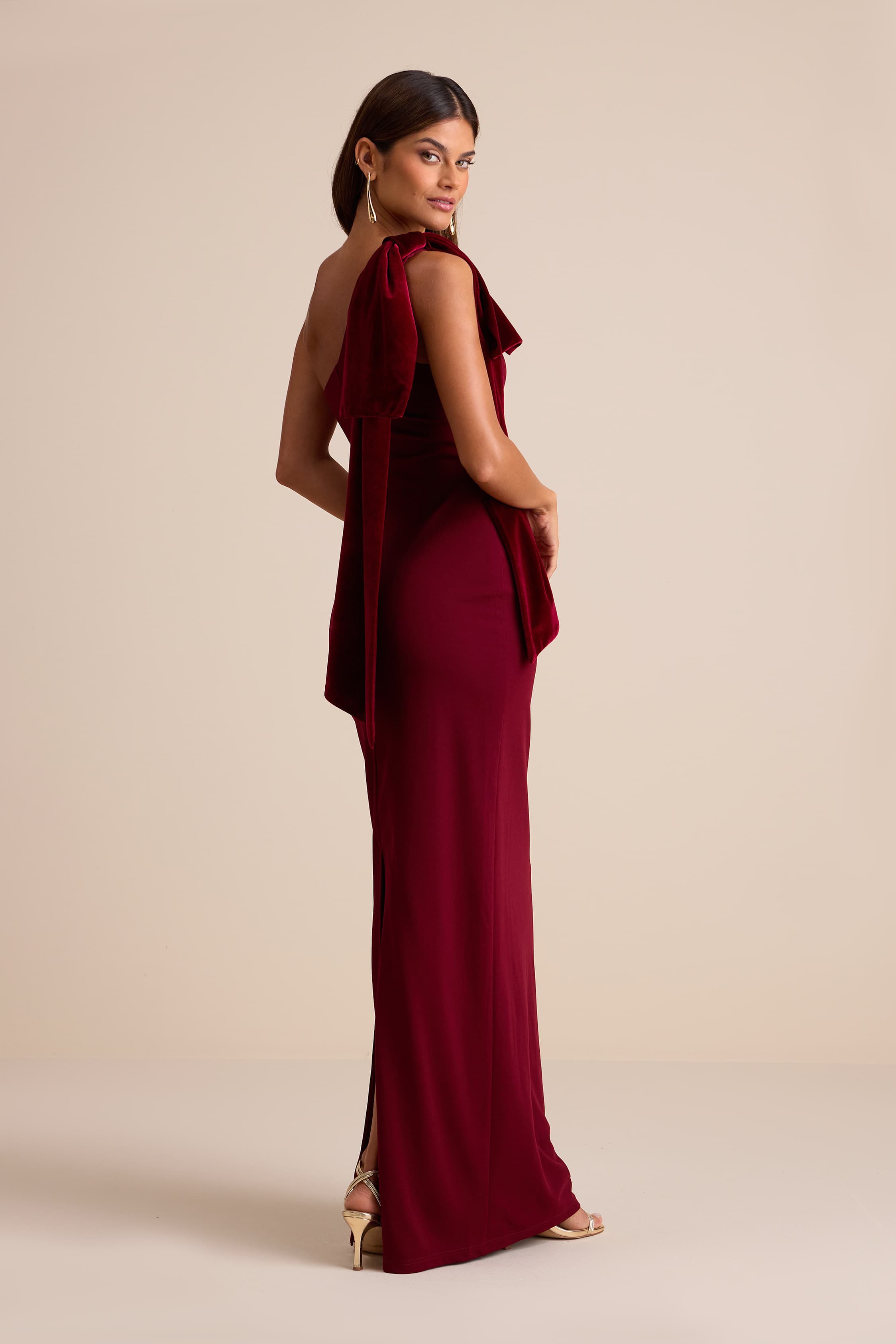 Amarila Burgundy One-Shoulder Velvet Bow Maxi Dress