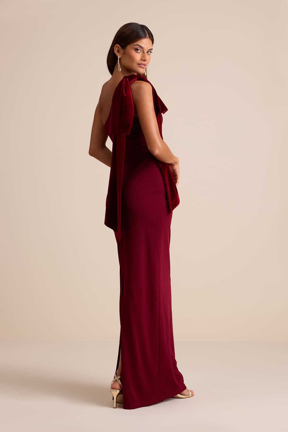 Amarila Burgundy One-Shoulder Velvet Bow Maxi Dress