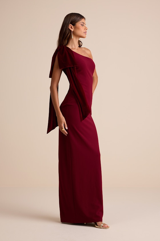 Lulus Amarila Burgundy One-shoulder Velvet Bow Maxi Dress In Burgundy