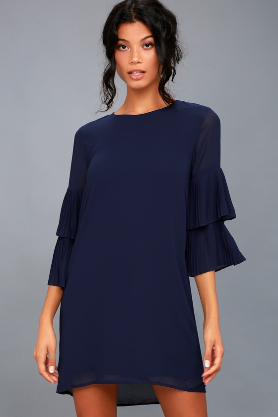 Chic Navy Blue Dress - Shift Dress - Statement Sleeve Dress - Lulus