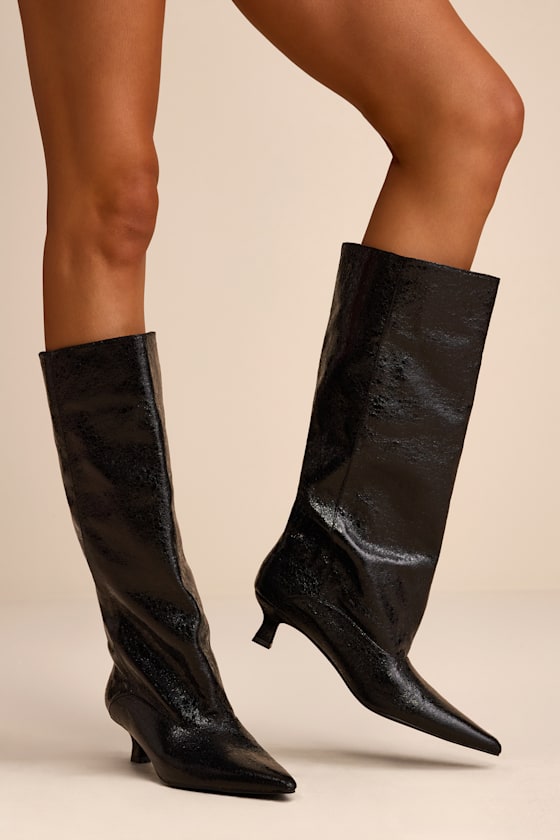 Image of Alexandria Black Distressed Knee-High Kitten Heel Boots