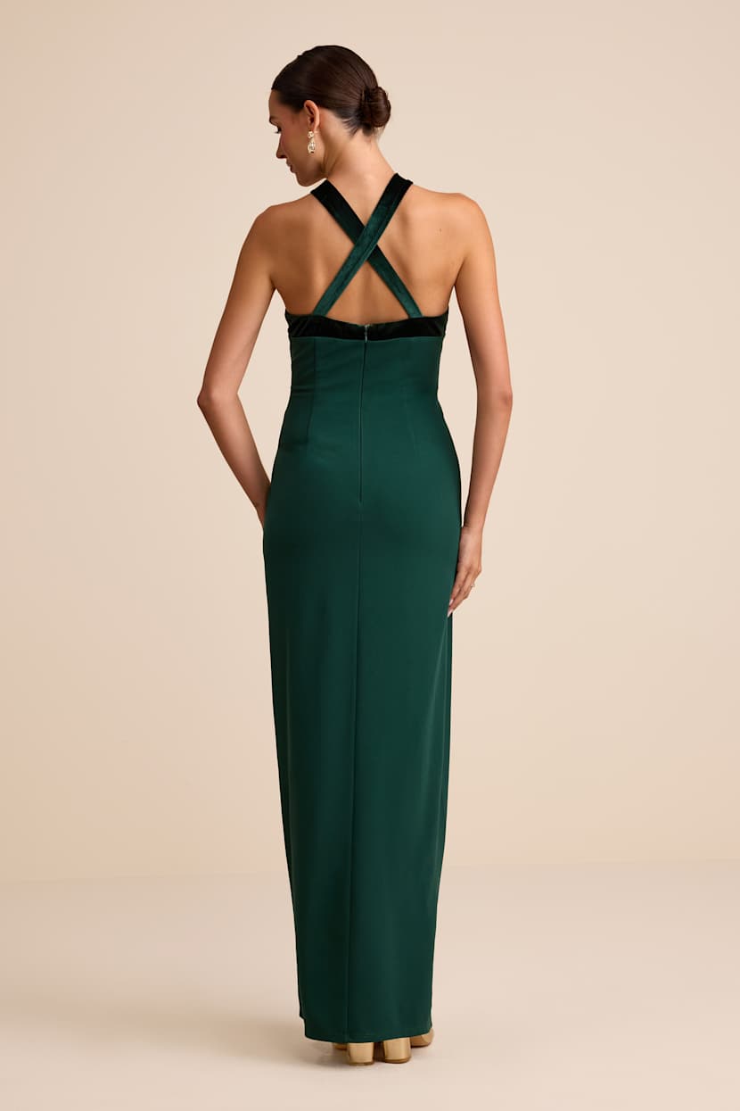 green dress with bow in the back Dark Green Long A-line Satin Front Slit Open Back Prom Dress With Bow main image 1