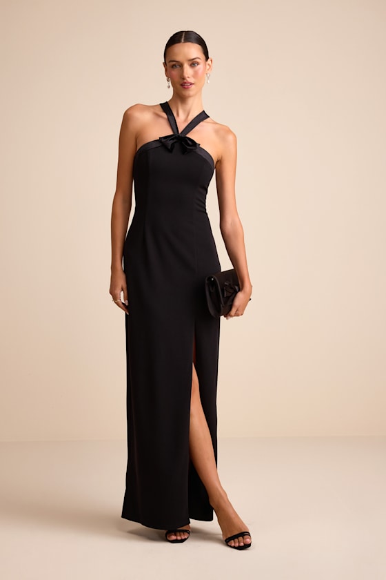 Bisian Black Velvet Bow Backless Apron Maxi Dress 1