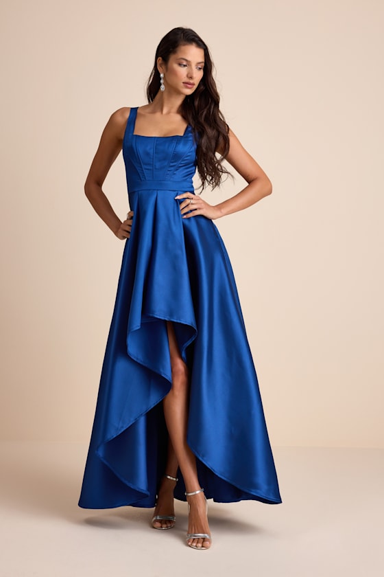 Wisola Blue Taffeta Pleated Corset High-Low Maxi Dress 1
