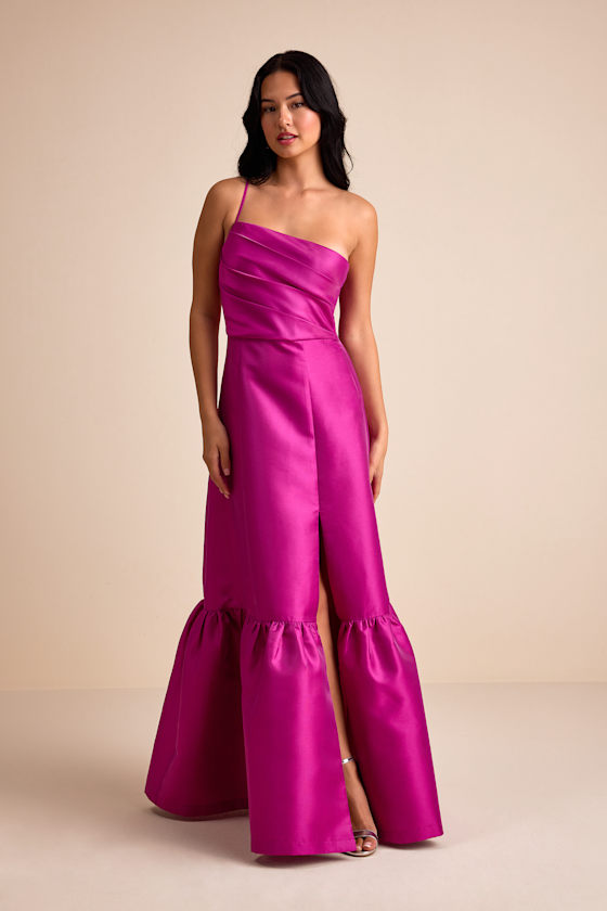 Letha Magenta Taffeta One-Shoulder Maxi Dress 1