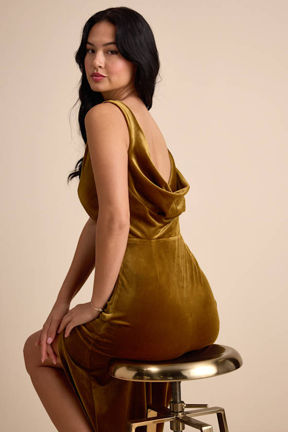 Zoraia Olive Velvet Cowl-Back Sleeveless Maxi Dress 1