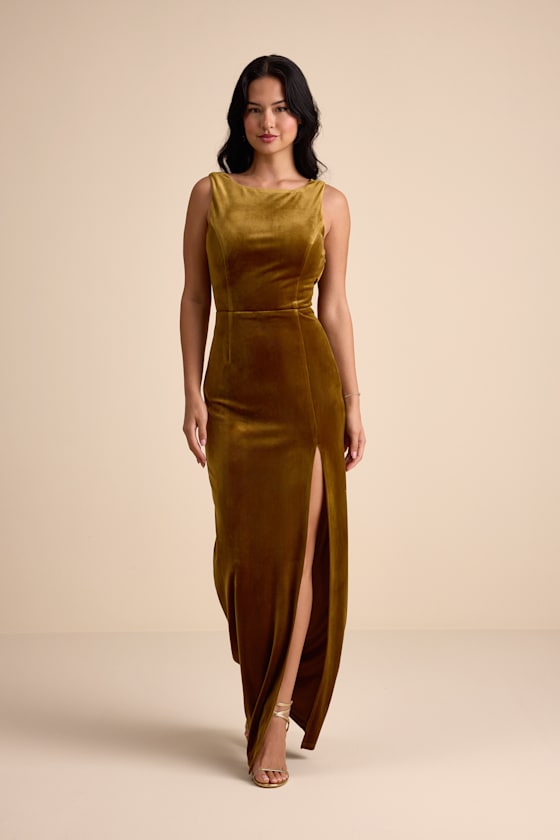 Zoraia Olive Velvet Cowl-Back Sleeveless Maxi Dress 2