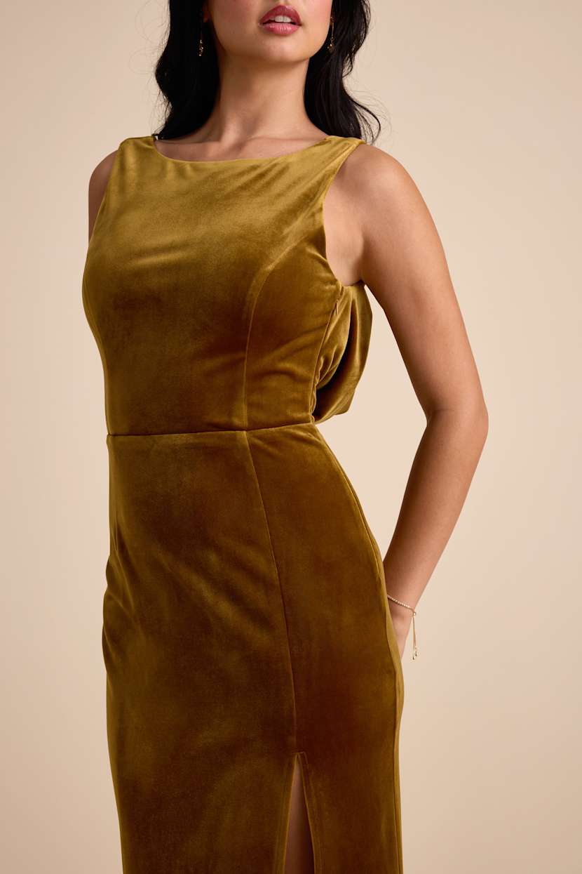 Green Zoraia Olive Velvet Cowl-Back Sleeveless Maxi Dress | Womens | Large (Available in XS, S, M, Xl) | 100% Polyester | Lulus