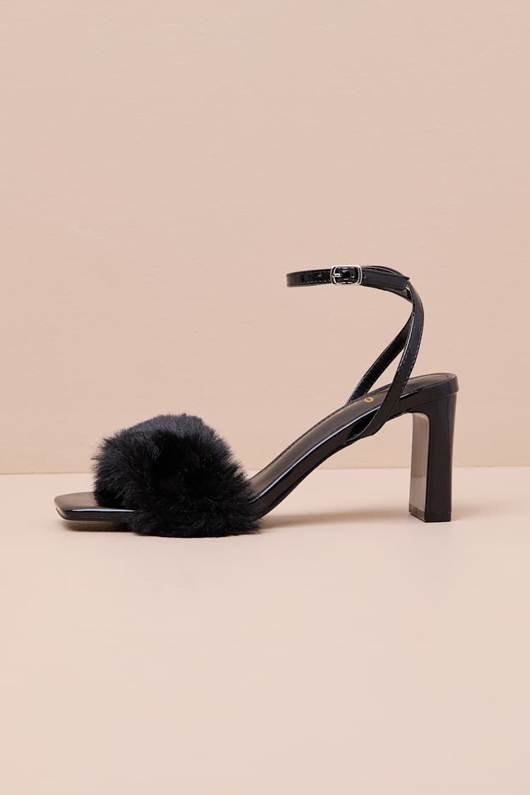 Kerstin Black Faux Fur Ankle Strap High Heel Sandals
