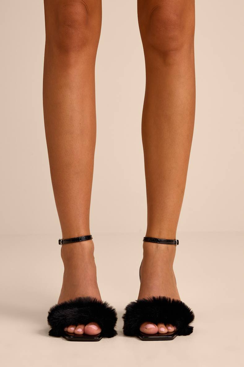 Kerstin Black Faux Fur Ankle Strap High Heel Sandals