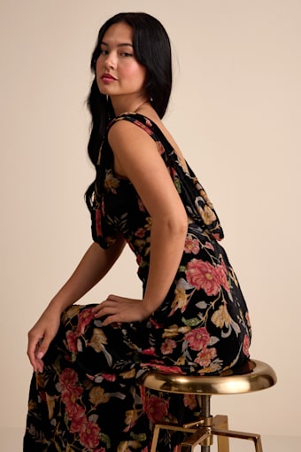 Prim Black Multi Floral Burnout Velvet Cowl Back Maxi Dress 1