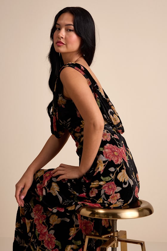 Prim Black Multi Floral Burnout Velvet Cowl Back Maxi Dress 1