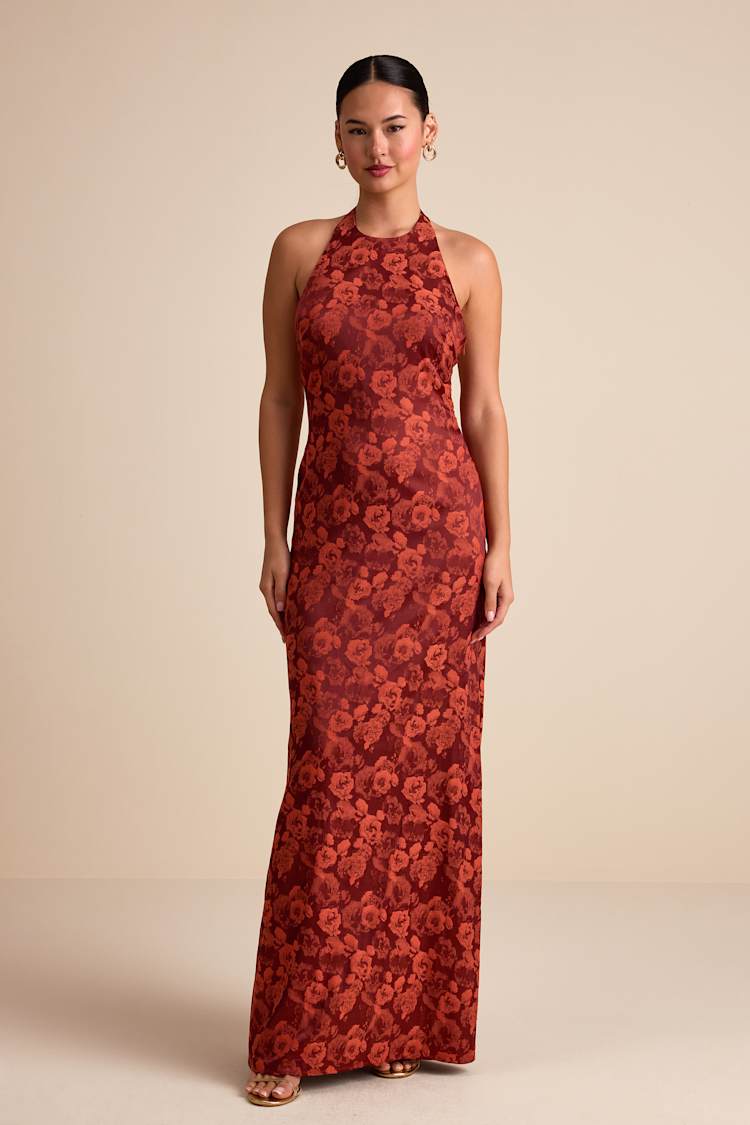 Lulus | Red Alaria Rust Satin Jacquard Halter Neck Maxi Dress | Womens | Medium (Available in XS, S, L, XL) | 100% Polyester