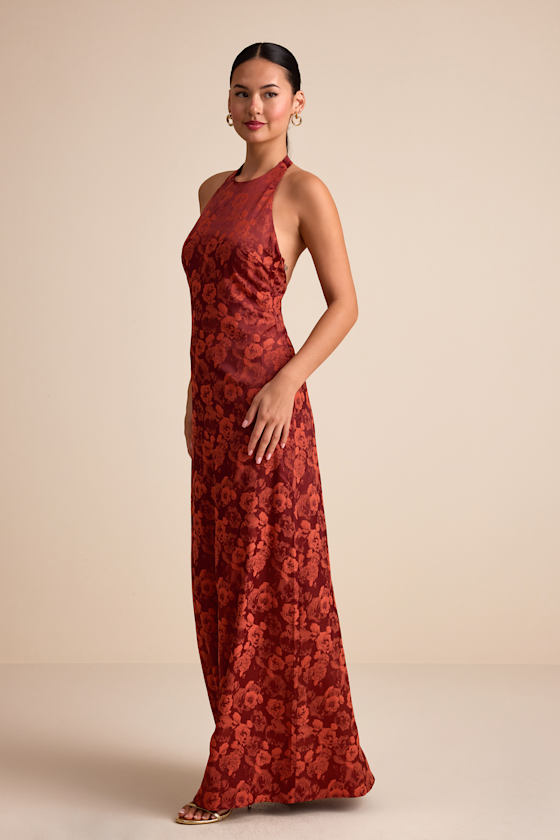 Alaria Rust Satin Jacquard Halter Neck Maxi Dress 4