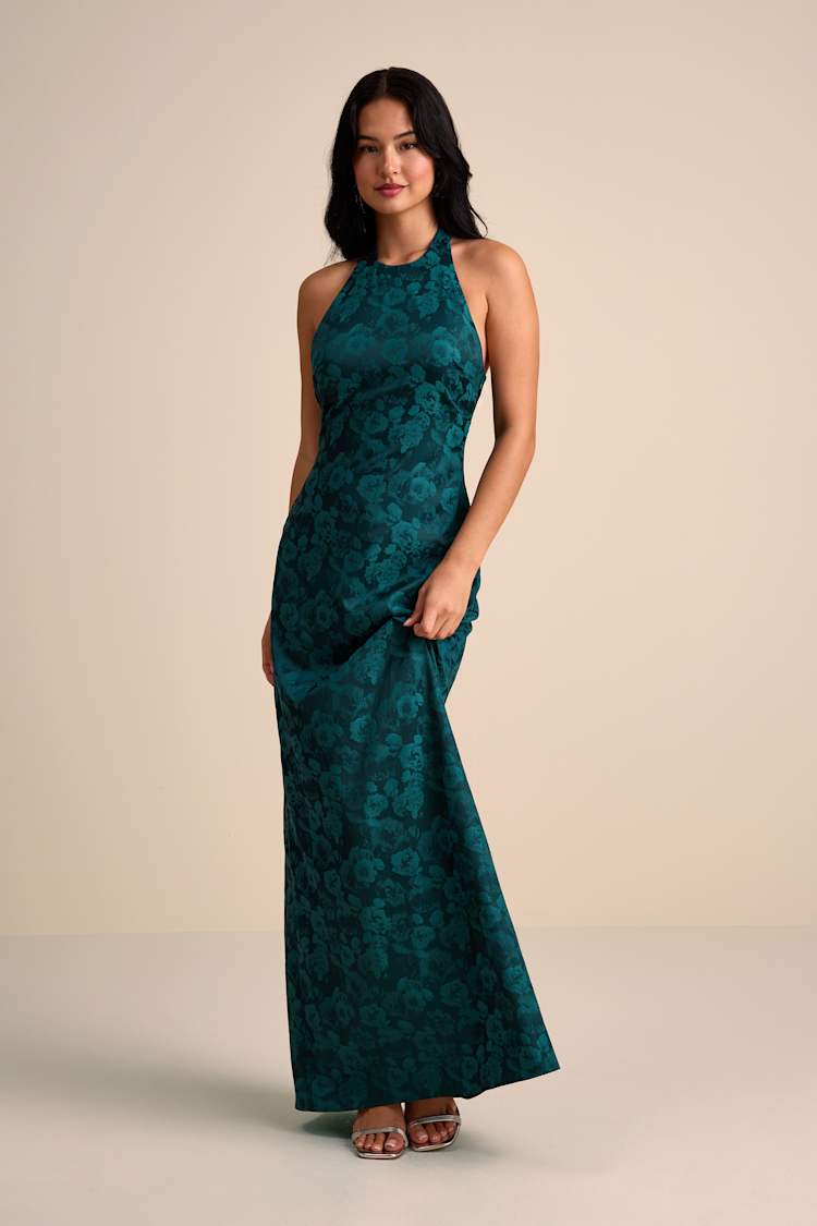 Lulus | Green Alaria Emerald Satin Jacquard Halter Neck Maxi Dress | Womens | X-Small (Available in S) | 100% Polyester