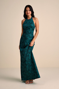 Alaria Emerald Satin Jacquard Halter Neck Maxi Dress 1