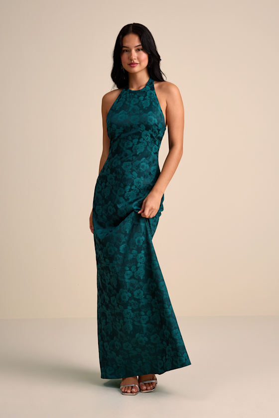 Alaria Emerald Satin Jacquard Halter Neck Maxi Dress 1