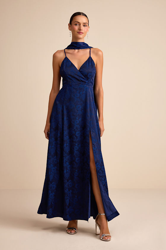 Mahira Navy Satin Jacquard Surplice Sash Scarf Maxi Dress 1