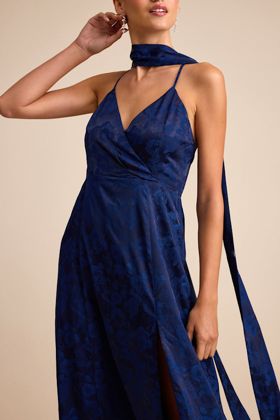 Mahira Navy Satin Jacquard Surplice Sash Scarf Maxi Dress 2
