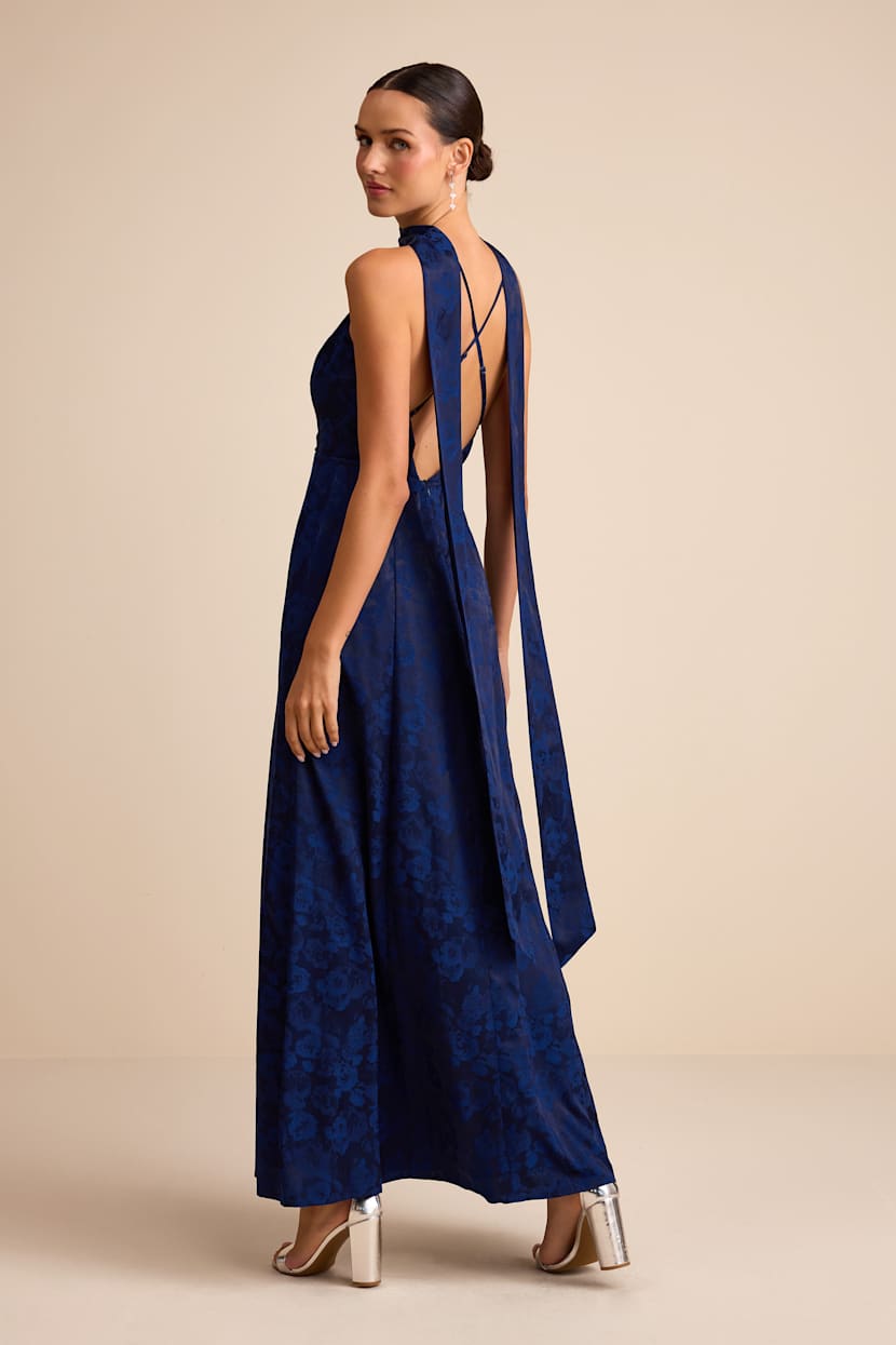 Lulus | Navy Satin Jacquard Surplice Sash Scarf Maxi Dress | Womens | Small (Available in XS, M, L, Xl) | 100% Polyester Lulus | Navy Satin Jacquard Surplice Sash Scarf Maxi Dress | Womens | Small (Available in XS, M, L, Xl) | 100% Polyester