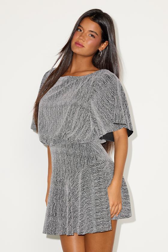 Lulus Olira Black And Silver Lurex Short Sleeve Skater Mini Dress In Gray