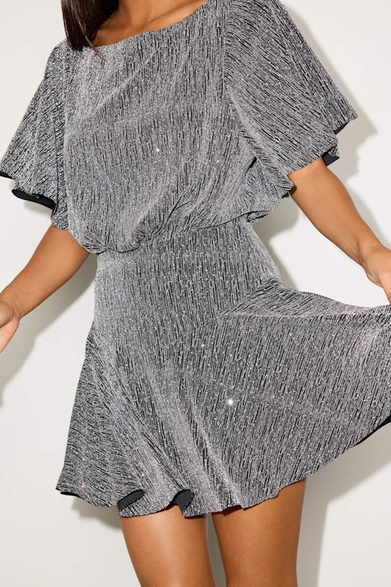 Lulus Olira Black And Silver Lurex Short Sleeve Skater Mini Dress In Gray