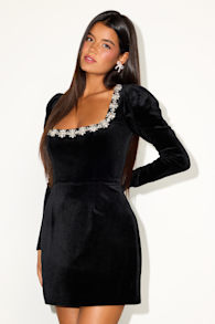 Ioanna Black Velvet Rhinestone Long Sleeve Mini Dress 1