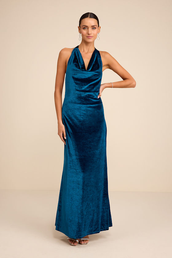 Elarina Blue Velvet Cowl Halter Mermaid Maxi Dress 2