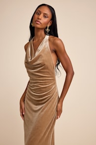 Elarina Champagne Velvet Cowl Halter Mermaid Maxi Dress 1