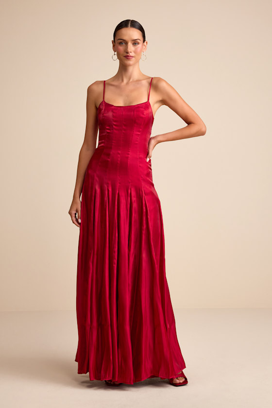 Zeline Berry Red Organza Pleated Drop Waist Maxi Dress 1