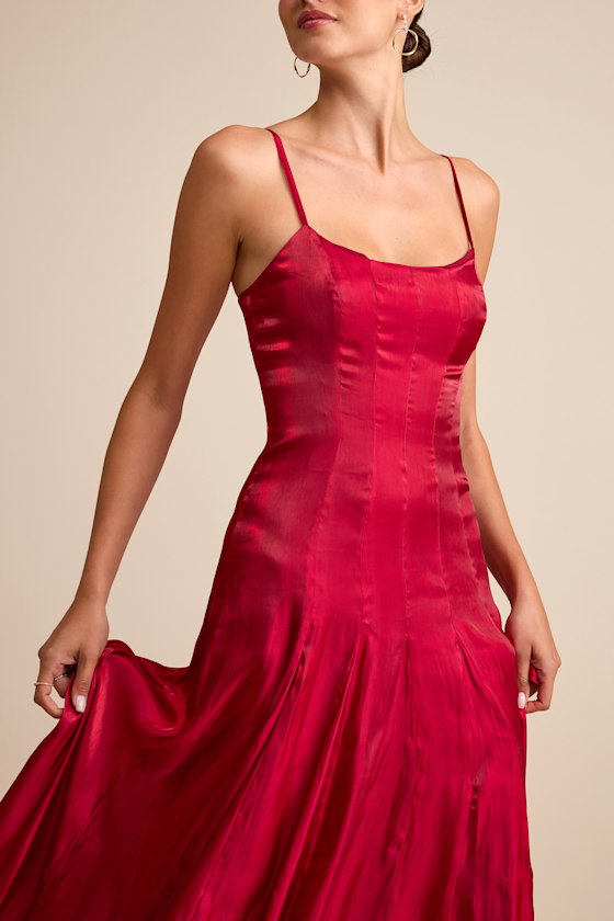 Zeline Berry Red Organza Pleated Drop Waist Maxi Dress 2