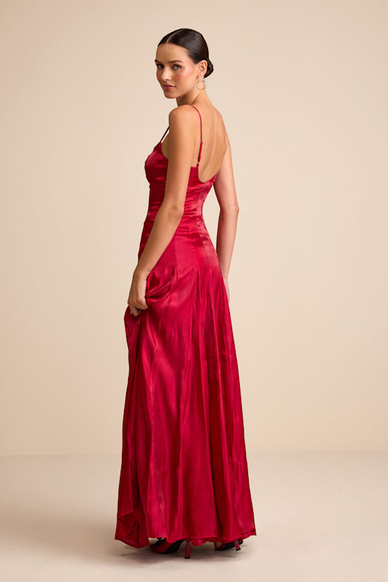 最終値下げ❗️Ariel Carmeli Red Diamond Berry Red Dress - Seamed Drop Waist Dress - Pleated Maxi Dress - Lulus