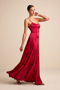 Zeline Berry Red Organza Pleated Drop Waist Maxi Dress 4