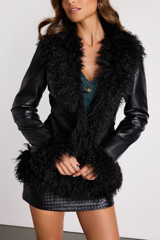Valona Black Vegan Leather Shearling Jacket 2