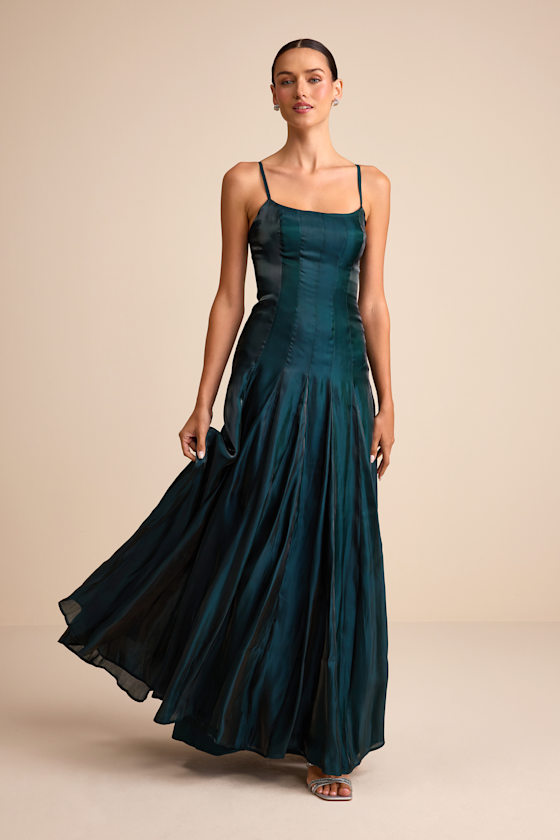 Dark Green Dress - Seamed Drop Waist Dress - Pleated Maxi Dress