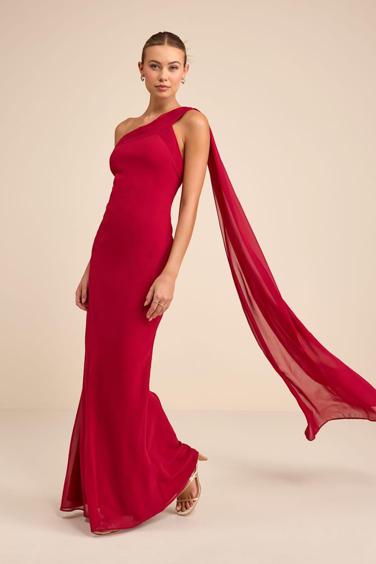 strapless open back dress Modern One-Shoulder Draped Chiffon Gown main image 0