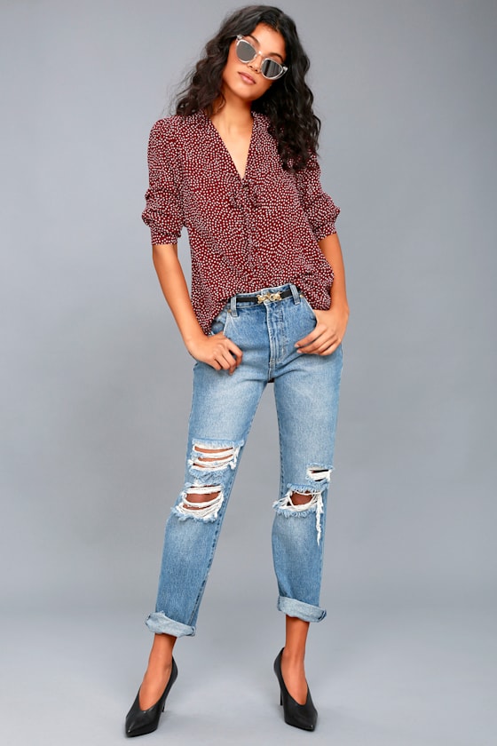 On the Spot Burgundy Polka Dot Button-Up Top 2
