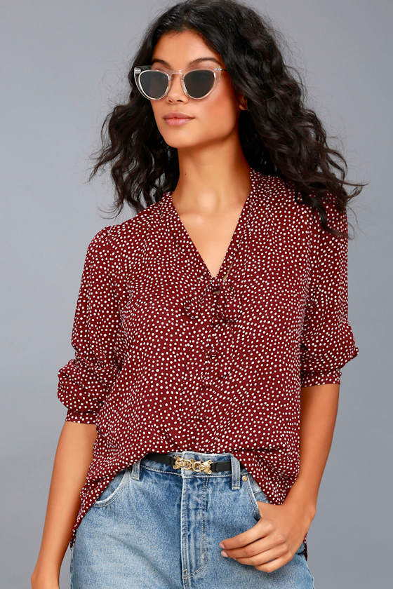 On the Spot Burgundy Polka Dot Button-Up Top 3