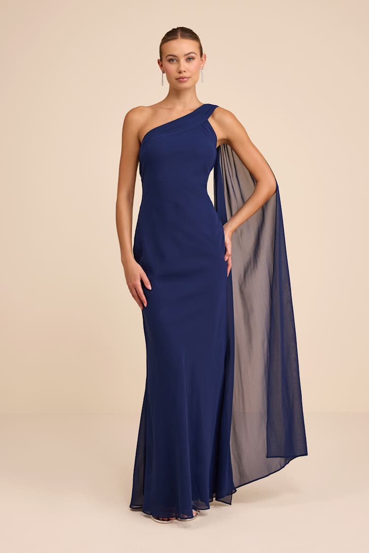 open lace back dress BCBGMAXAZRIA Navy One Shoulder Dress – Runway Catalog