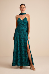 Mahira Emerald Satin Jacquard Surplice Sash Scarf Maxi Dress 1