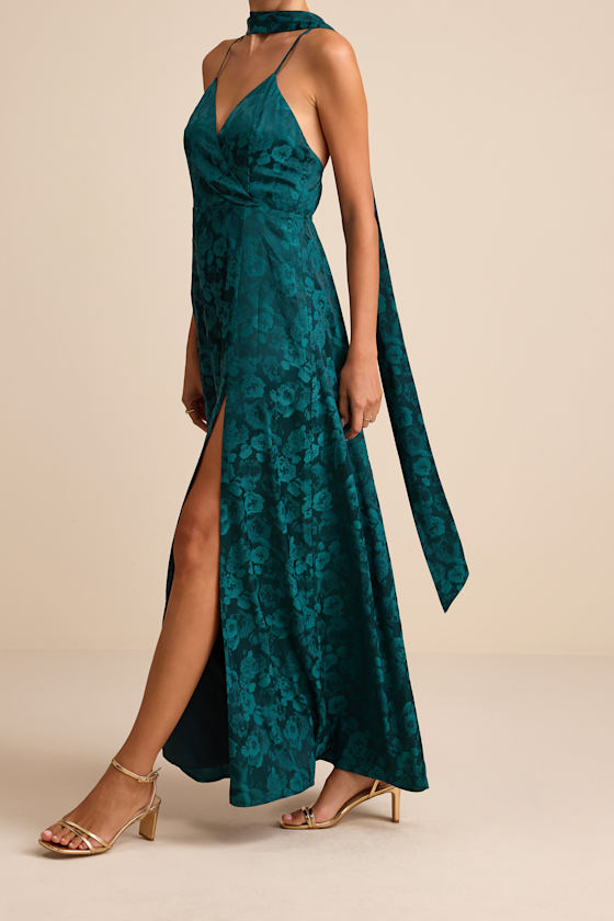 Mahira Emerald Satin Jacquard Surplice Sash Scarf Maxi Dress 2