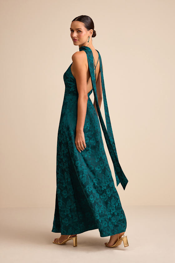 Emerald Backless Dress - Surplice Maxi Dress - Sash Scarf Dress